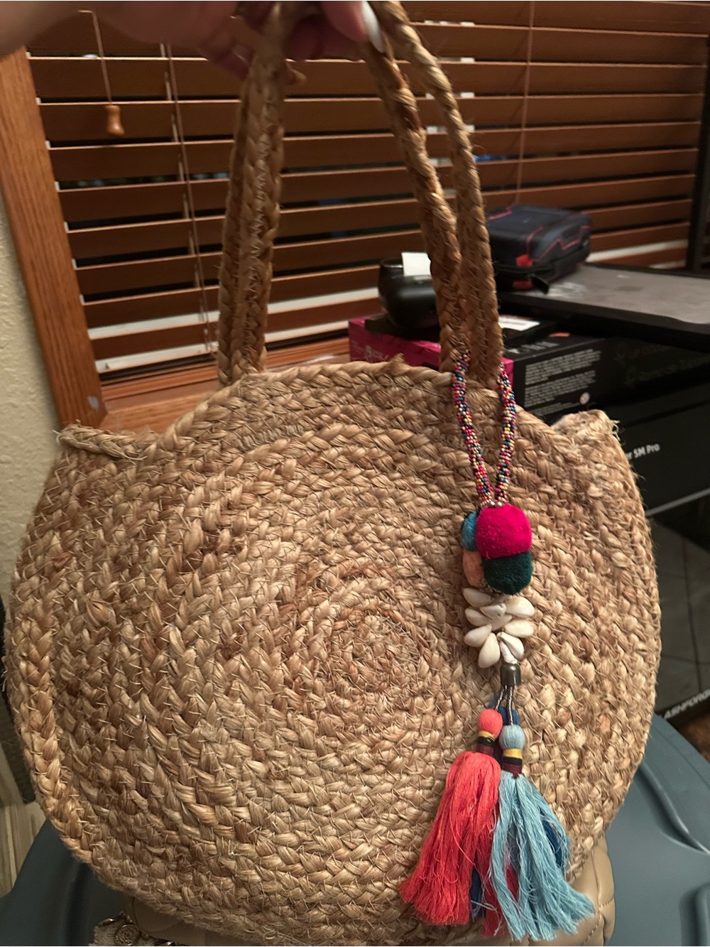 Natural Straw Round Tote with Colorful Tassel Charm